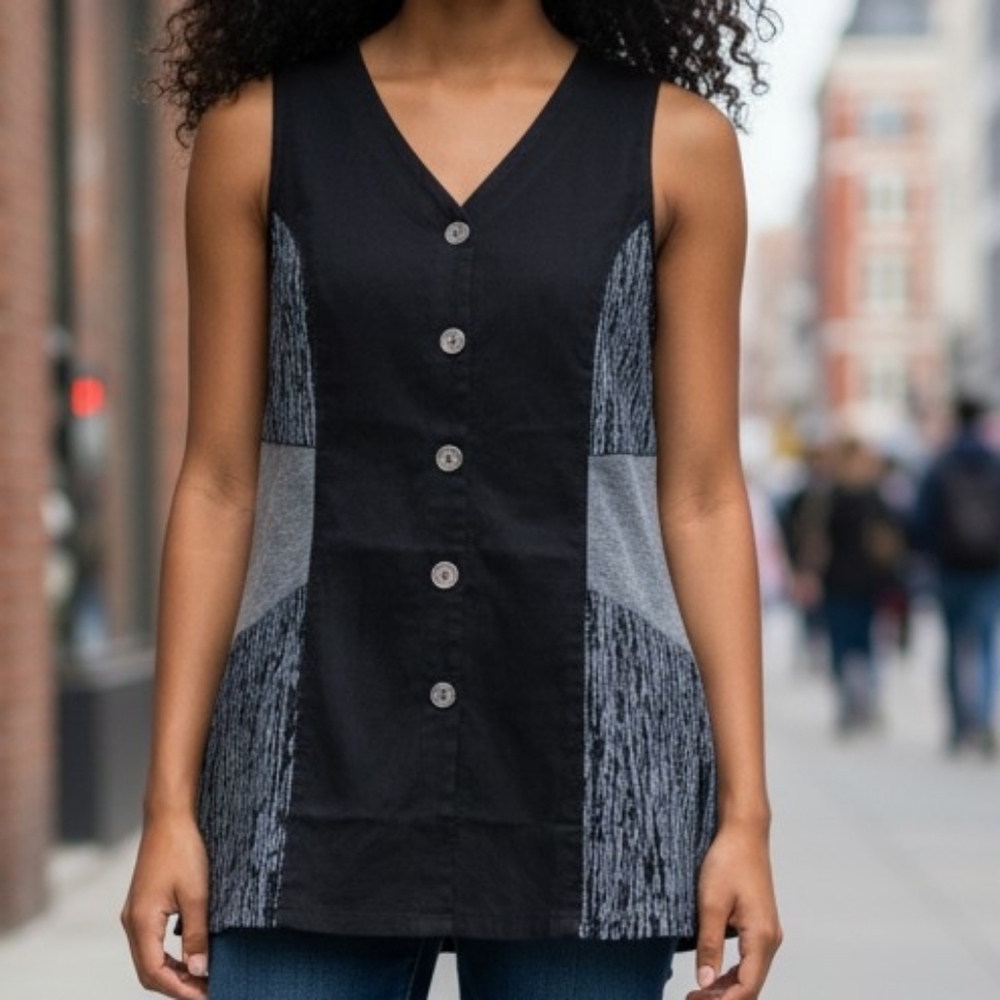 NEW! Parsley & Sage Black and Gray Sleeveless Button-Front Top 4219
